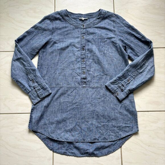 Eileen Fisher HEMP & ORGANIC COTTON CHAMBRAY BLOUSE Roll Sleeve Western Size XS - Picture 1 of 12